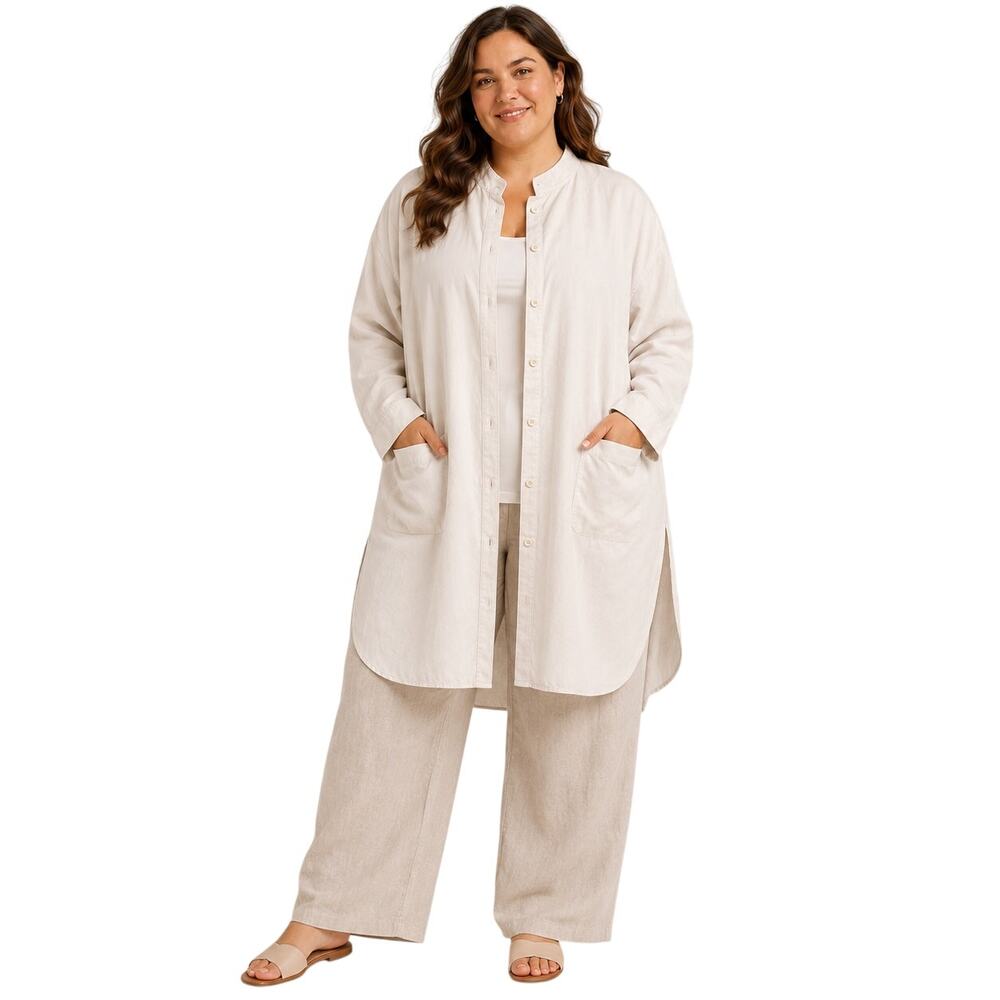 Eileen Fisher Woman Stand Collar Jacket 1X Bone Tencel Linen NWT $348 Shirt Coat